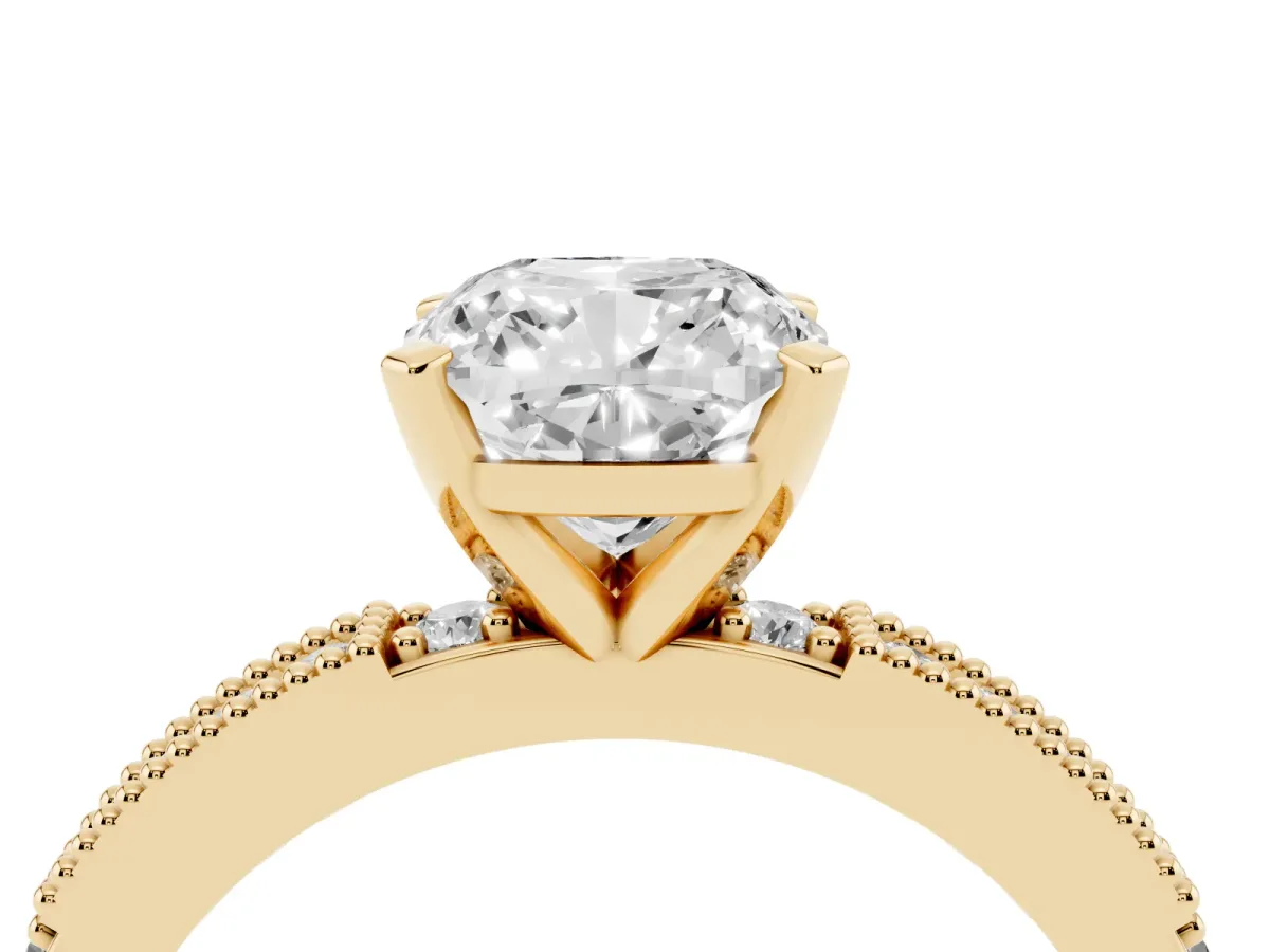 Cushion Cut Solitaire with Pavé Band and Four-Prong Setting Yellow gold