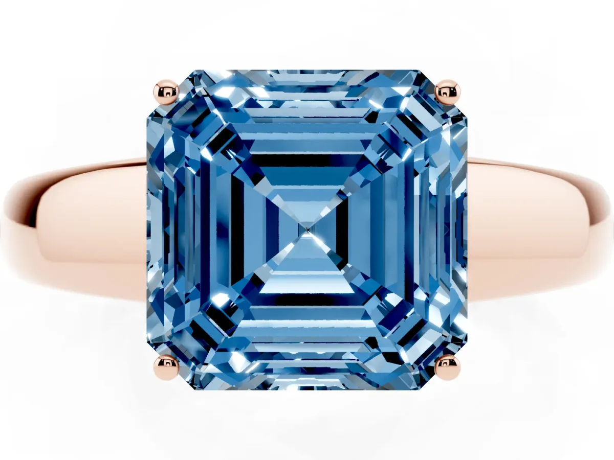 Fancy Blue Asscher Cut Solitaire Diamond Ring with Tapered Band and Four-Prong Setting Rose gold