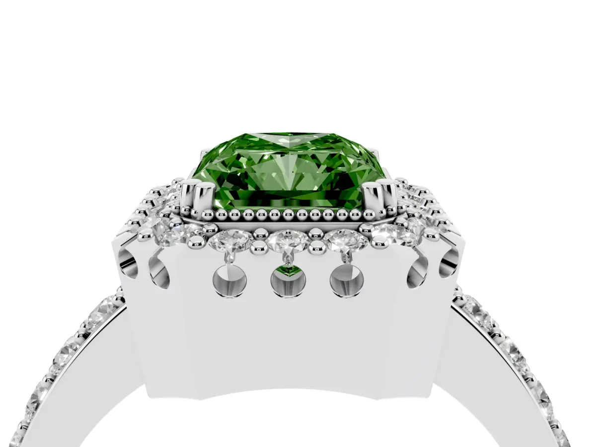 Fancy Green Radiant Cut Diamond Halo Ring with Pavé Band and Prong Setting Platinum