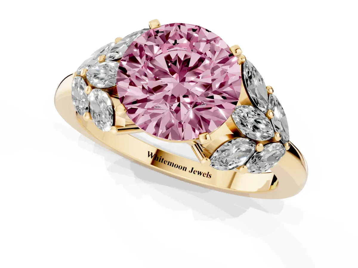 Fancy Pink Round Cut Diamond Cluster Leaf Design Ring with Prong Setting Yellow gold