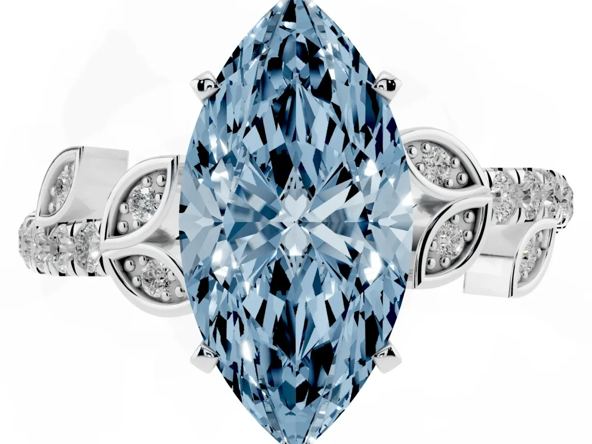 Fancy Blue Marquise Cut Solitaire Leaf-Inspired Diamond Ring with Pavé Band and Four-Prong Setting Silver