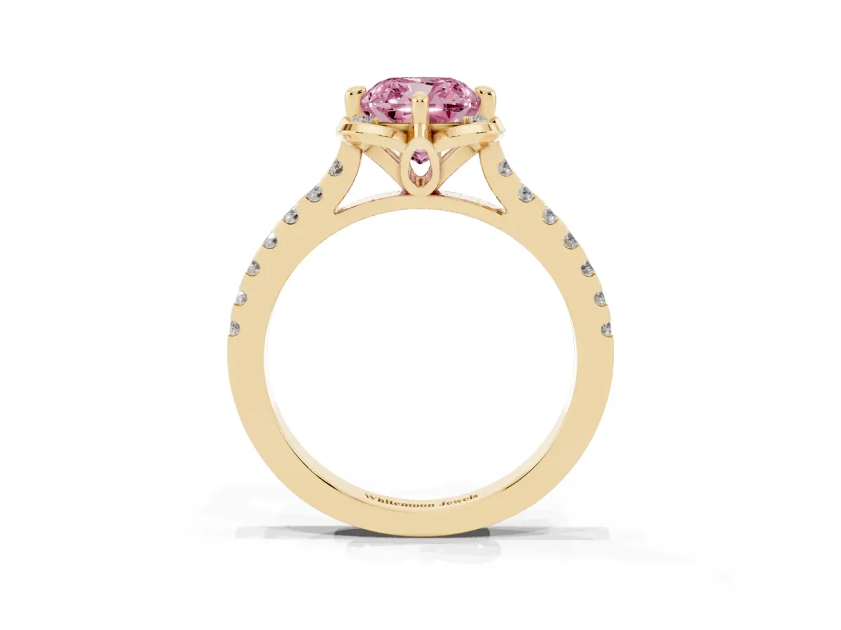Fancy Pink Cushion Cut Diamond Ring with Pavé Band and Floral Prong Setting Yellow gold