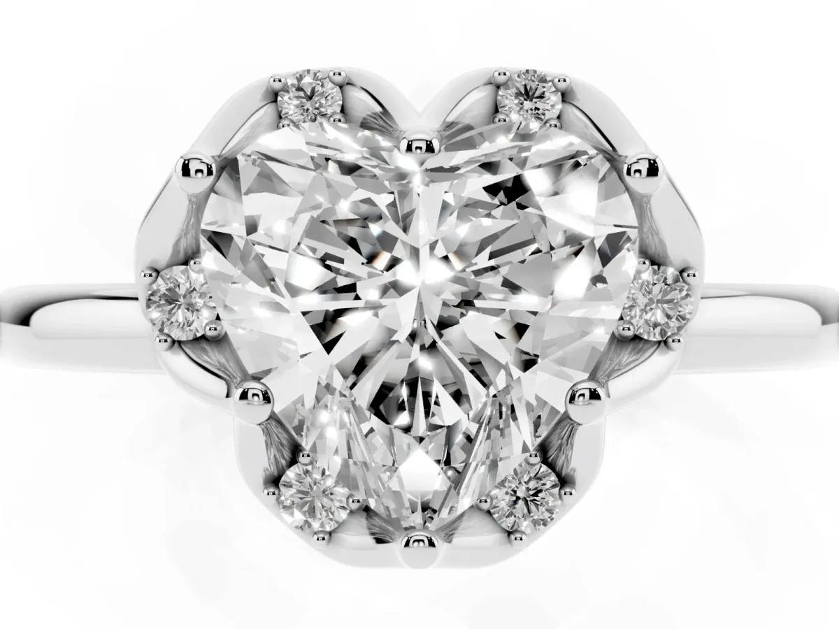 Heart Cut Halo Diamond Ring with Round Cluster Setting, Solitaire Band, and Four-Prong Setting Silver