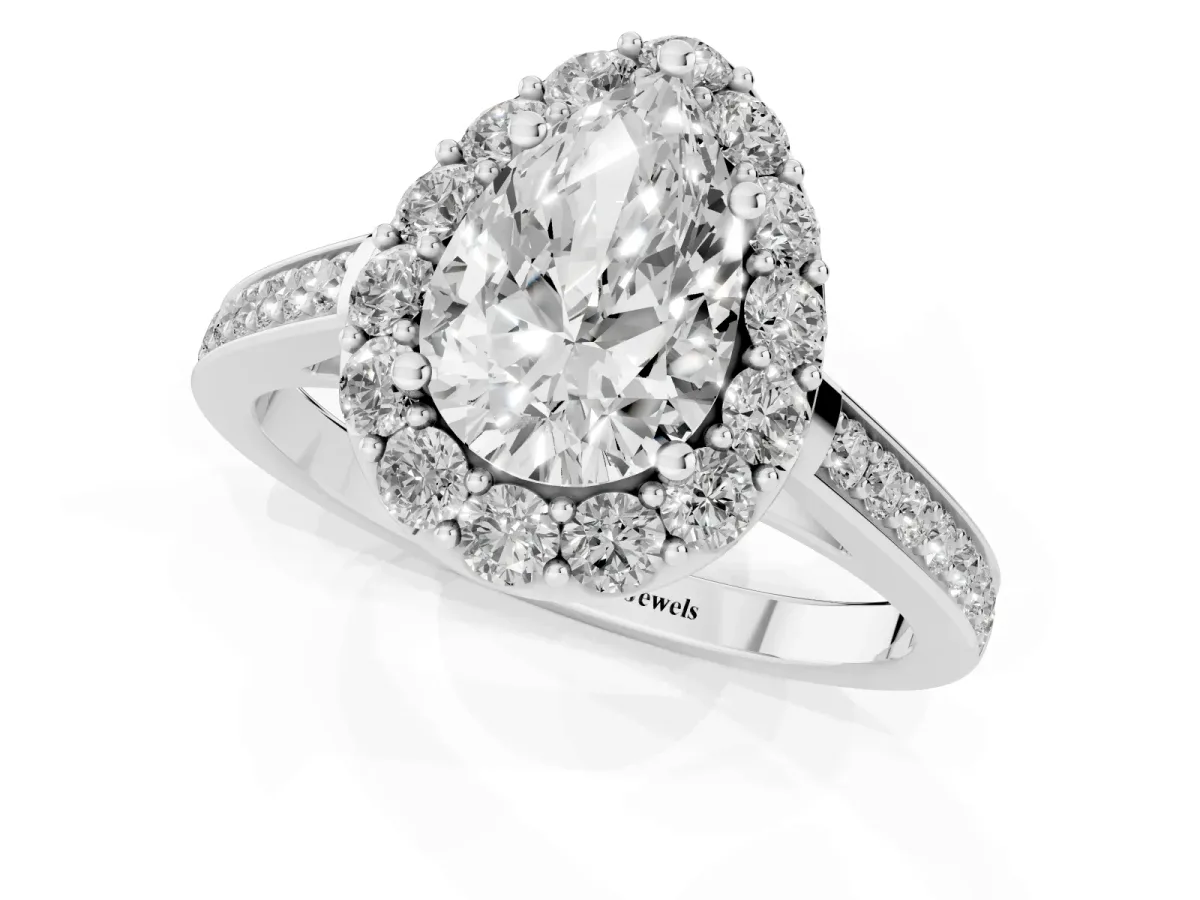 Pear Cut Diamond Floral Halo Ring with Pavé Band and Prong Setting Platinum