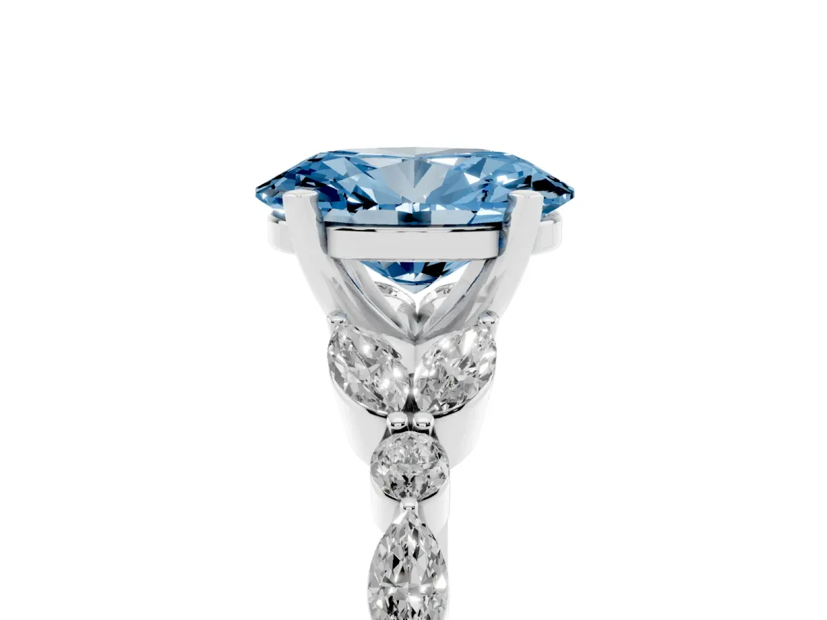Fancy Blue Oval Cut Diamond Solitaire Ring with Side Stones and Four-Prong Setting Silver