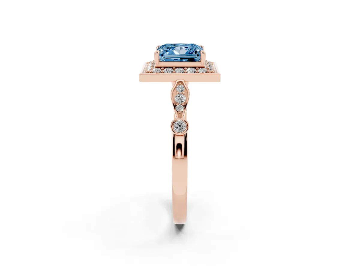 Fancy Blue Princess Cut Halo Diamond Engagement Ring with Twisted Band and Four-Prong Setting Rose gold