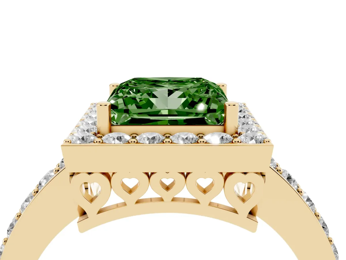 Fancy Green Princess Cut Halo Diamond Pavé Band Ring with Prong Setting Yellow gold