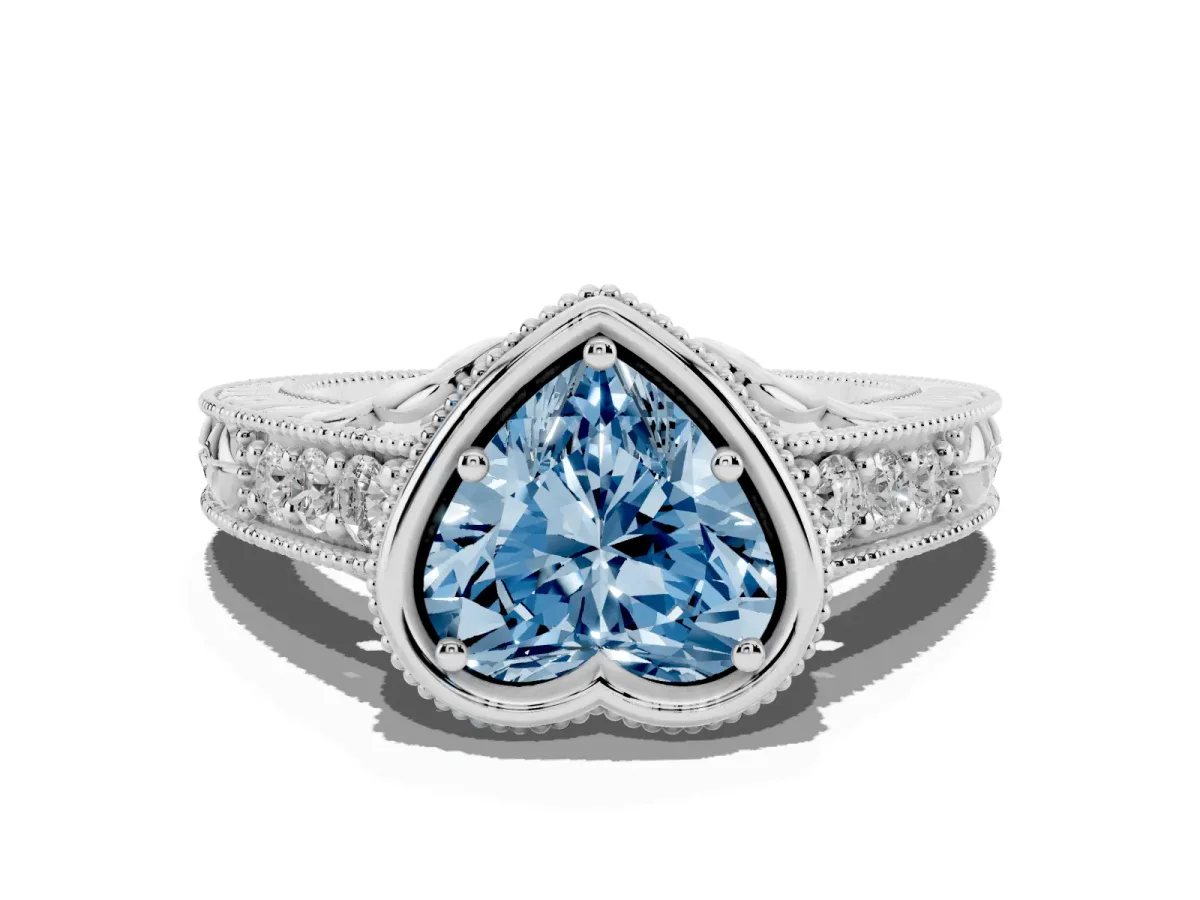 Fancy Blue Bezel Set Heart Cut Diamond Milgrain Pave Engagement Ring Silver