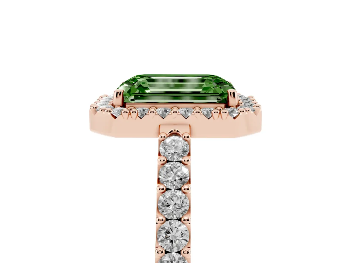 Fancy Green Emerald Cut Halo Diamond Pavé Solitaire Ring Rose gold