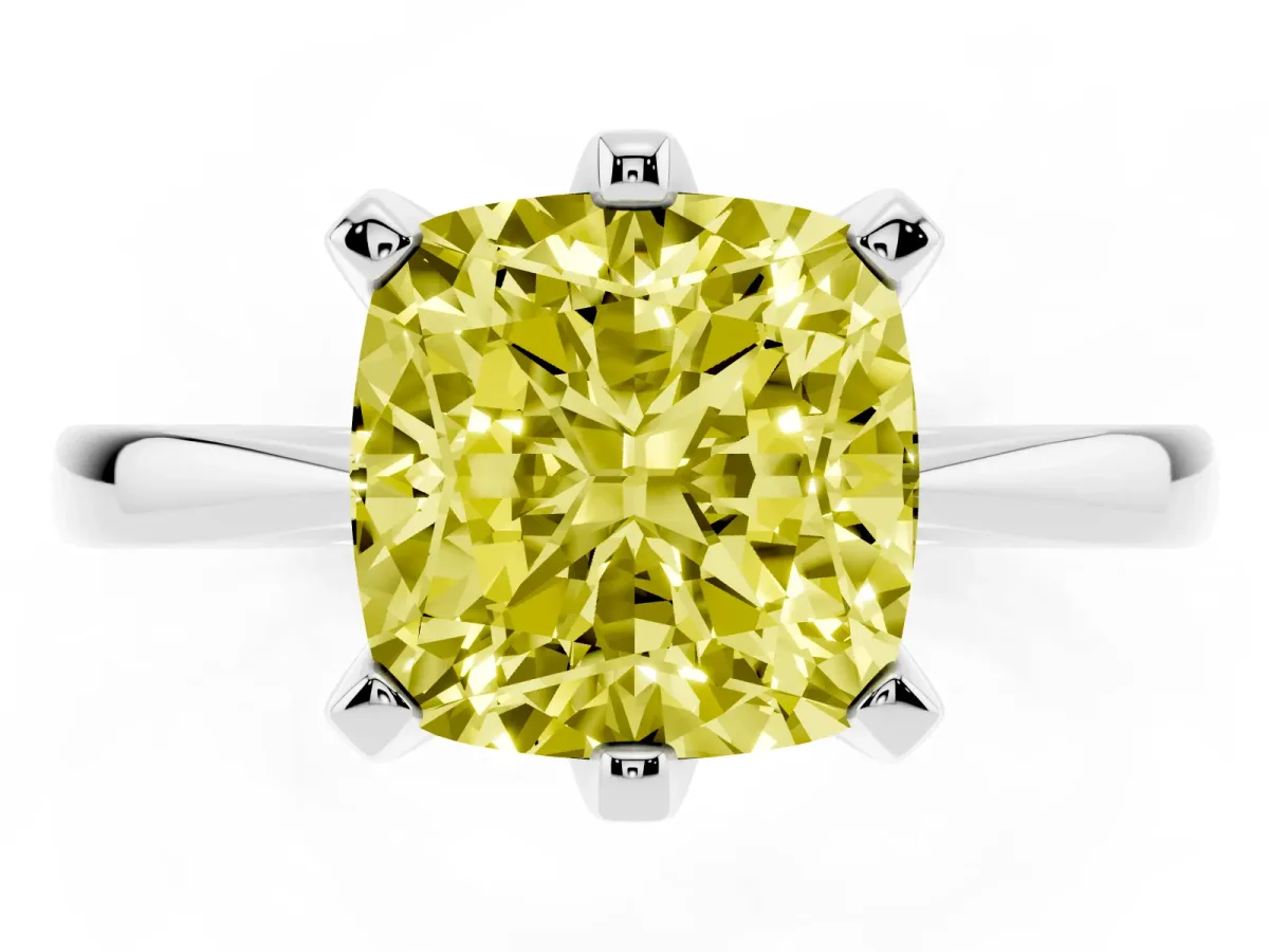 Fancy Yellow Cushion Cut Solitaire Engagement Ring with Six-Prong Setting and Tapered Band Platinum
