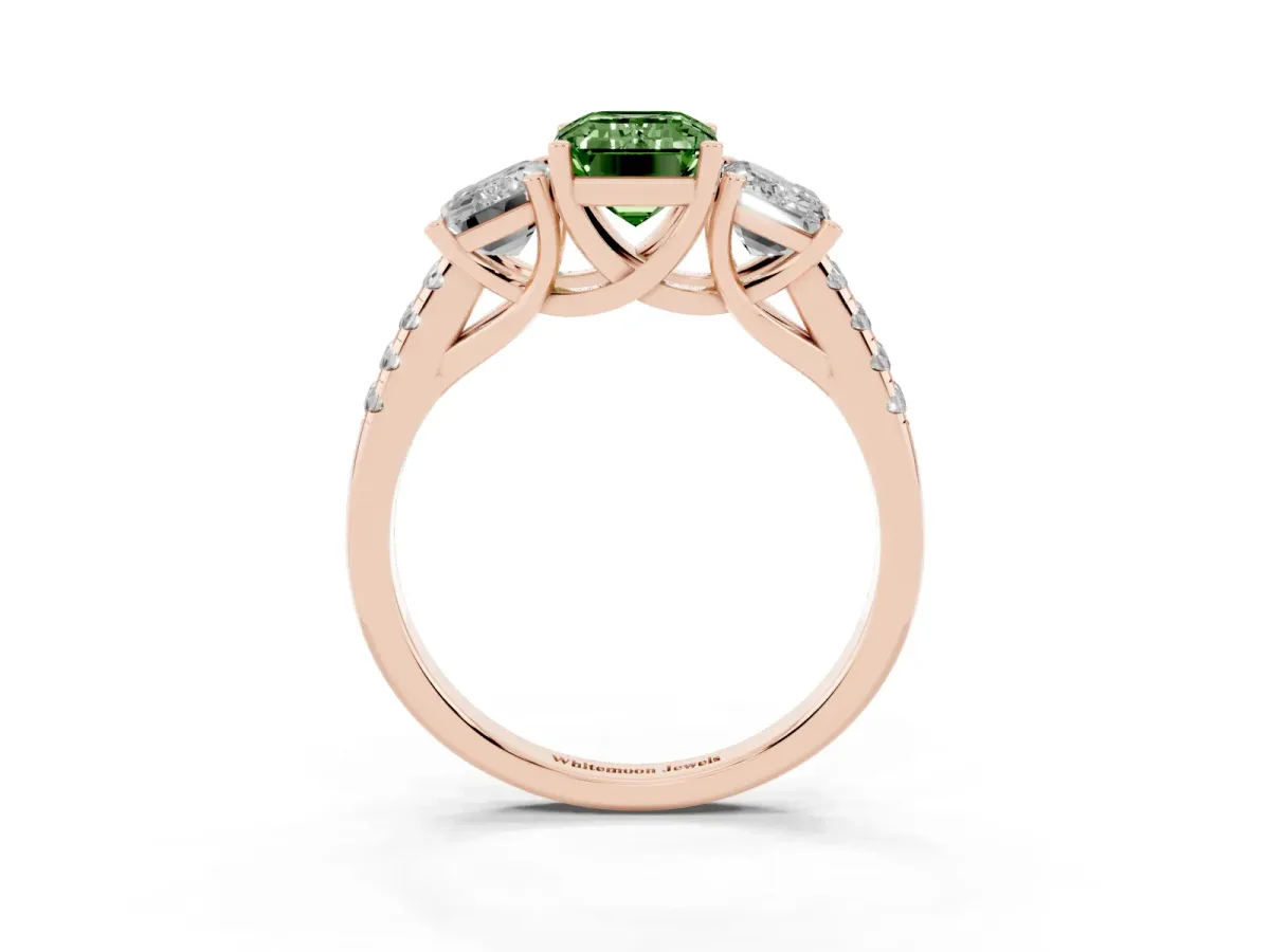 Fancy Green Three-Stone Emerald Cut Diamond Ring with Round Pavé Band and Prong Setting Rose gold