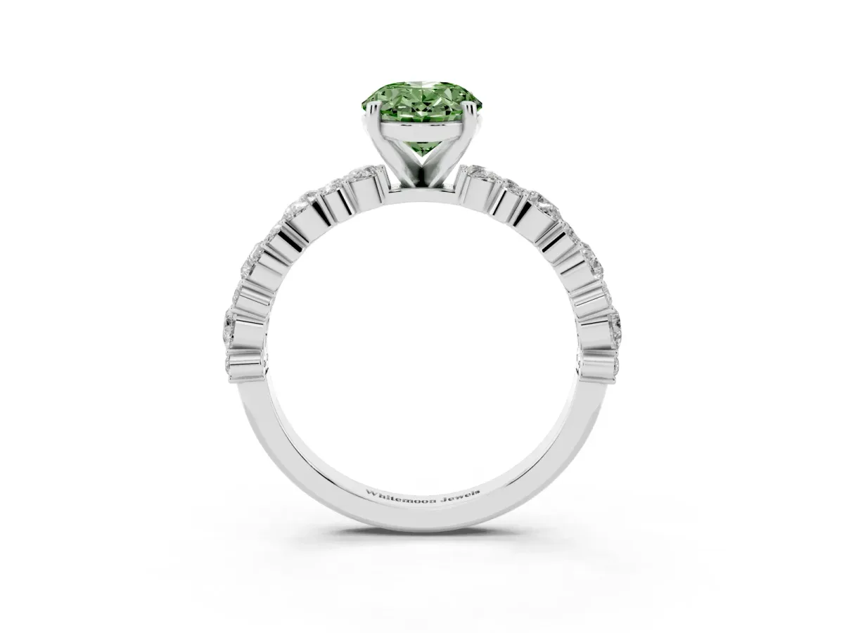 Fancy Green Oval Cut Diamond Side Stone Solitaire Ring with Round and Four-Prong Setting Silver