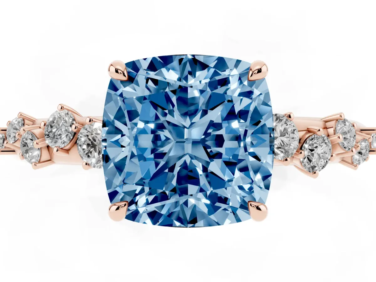 Fancy Blue Cushion Cut Diamond Cluster Prong-Set Solitaire Ring Rose gold