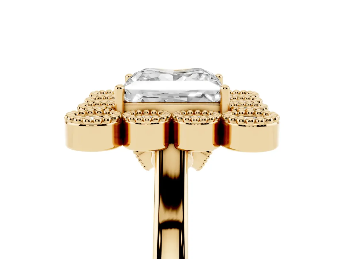 Princess Cut Halo Diamond Cluster Engagement Ring with Milgrain Bezel Setting and Solitaire Band Yellow gold