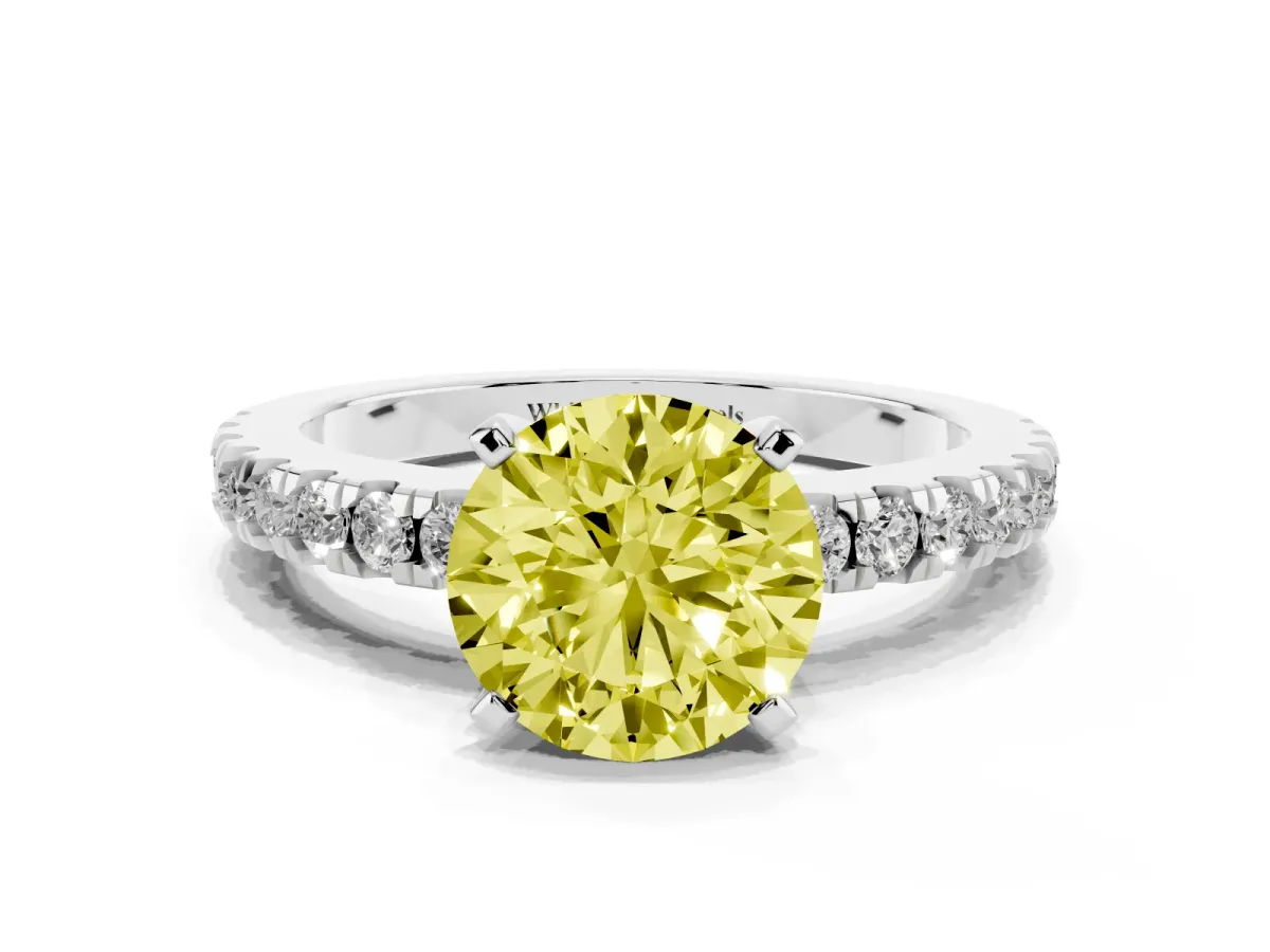 Fancy Yellow Round Cut Solitaire Diamond with Pavé Band and Four-Prong Setting Platinum