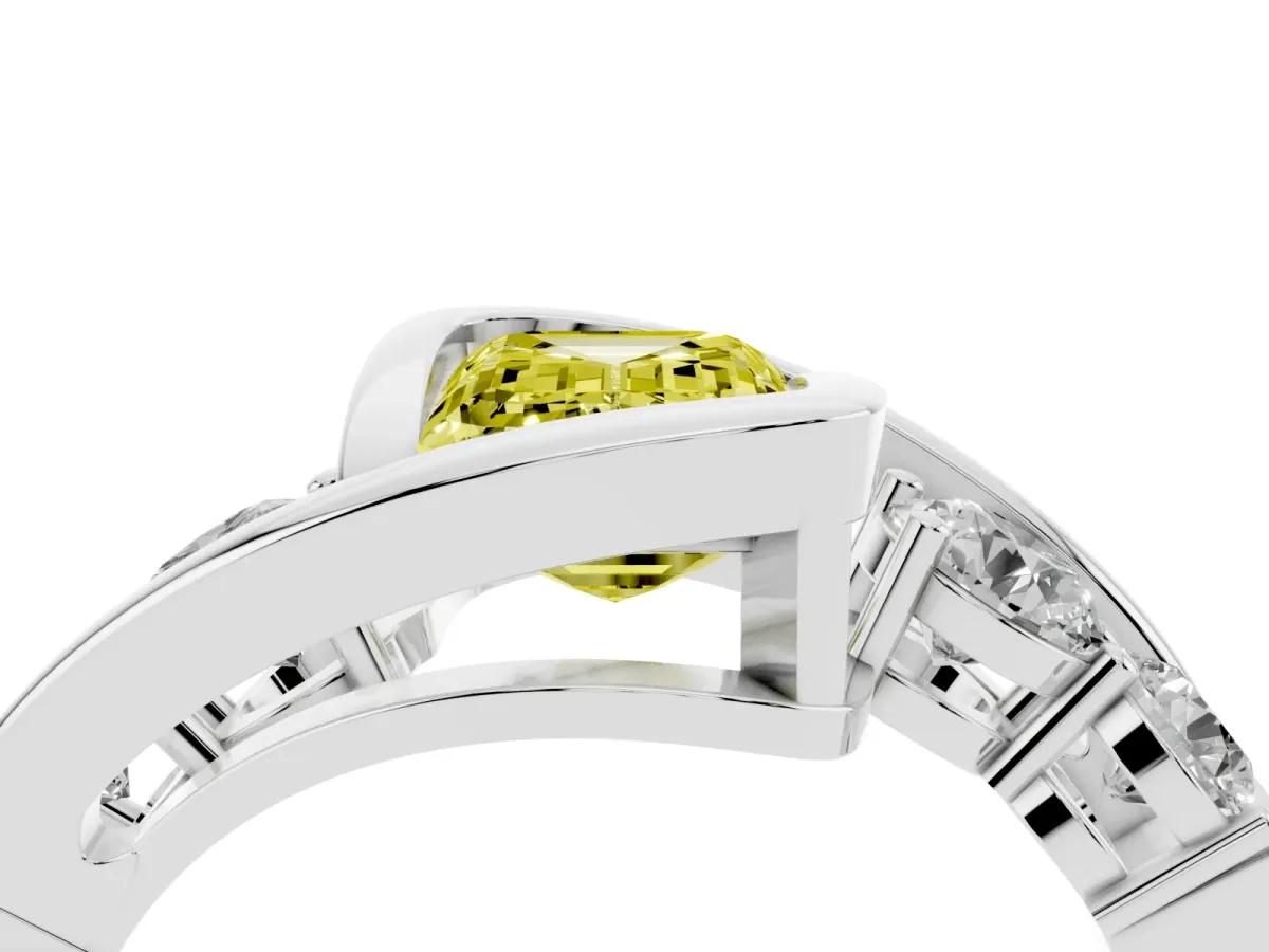 Fancy Yellow Bezel Set Emerald Cut Diamond Bypass Ring with Round Accents Silver