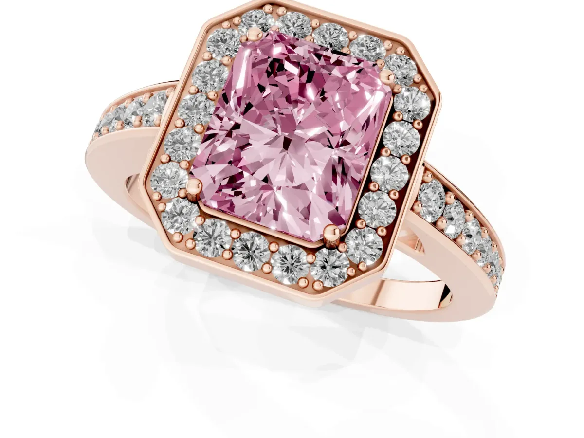 Fancy Pink Radiant Cut Halo Pavé Diamond Engagement Ring with Bezel Setting Rose gold