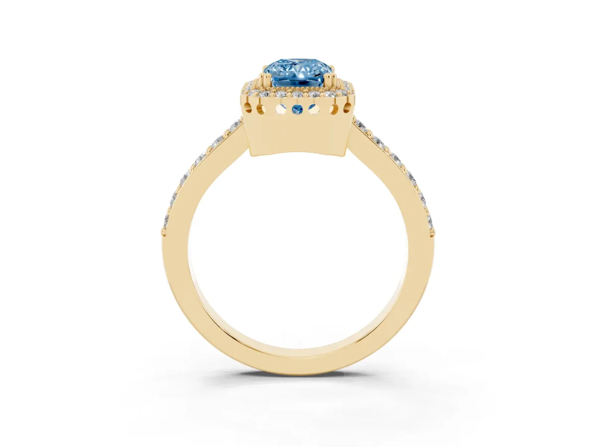 Fancy Blue Radiant Cut Cut Diamond Halo Engagement Ring with Milgrain Detail and Pavé Band Yellow gold