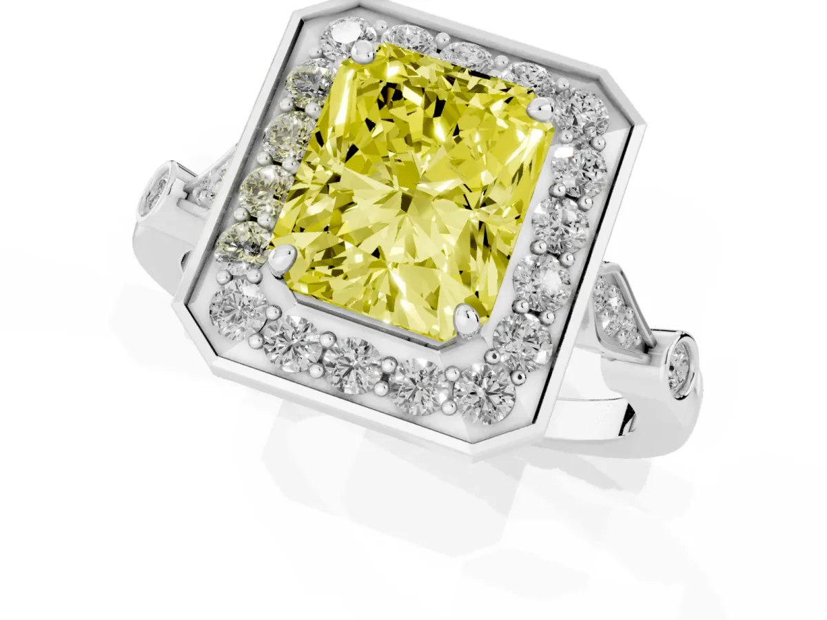 Fancy Yellow Radiant Cut Halo Diamond Engagement Ring with Twisted Band and Four-Prong Setting White gold