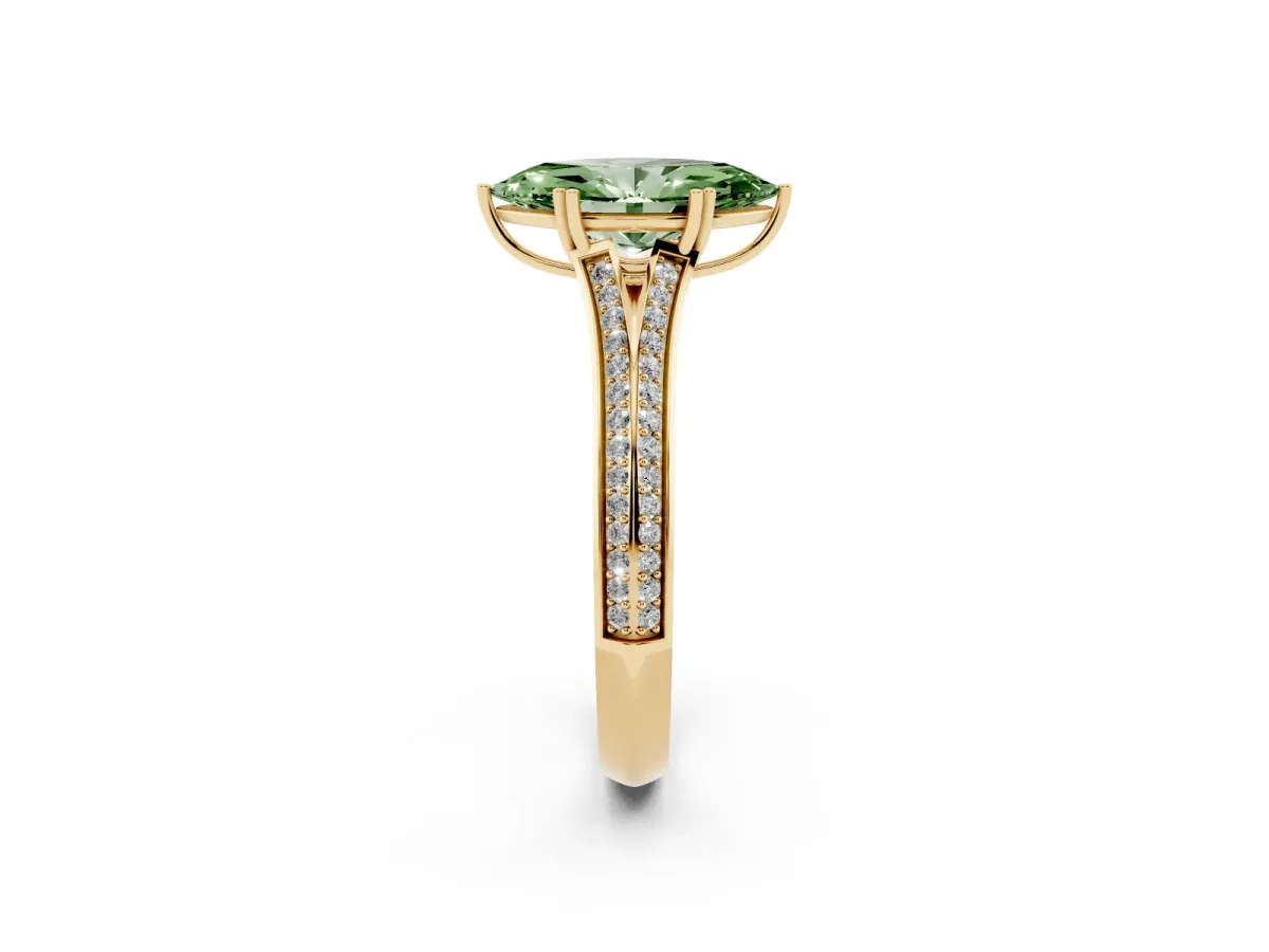 Fancy Green Marquise Cut Diamond Split Shank Engagement Ring with Pavé Band Yellow gold