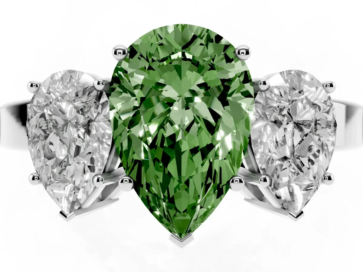 Fancy Green Three-Stone Pear Cut Cut Diamond Engagement Ring with Flat Band and Four-Prong Setting Silver