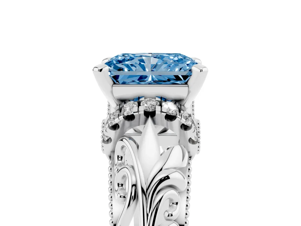 Fancy Blue Radiant Cut Solitaire Filigree Engagement Ring with Halo and Prong Setting White gold