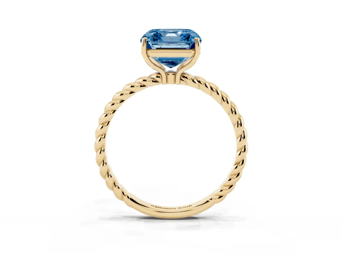 Fancy Blue Asscher Cut Solitaire Twist Band Ring with Four-Prong Setting Yellow gold