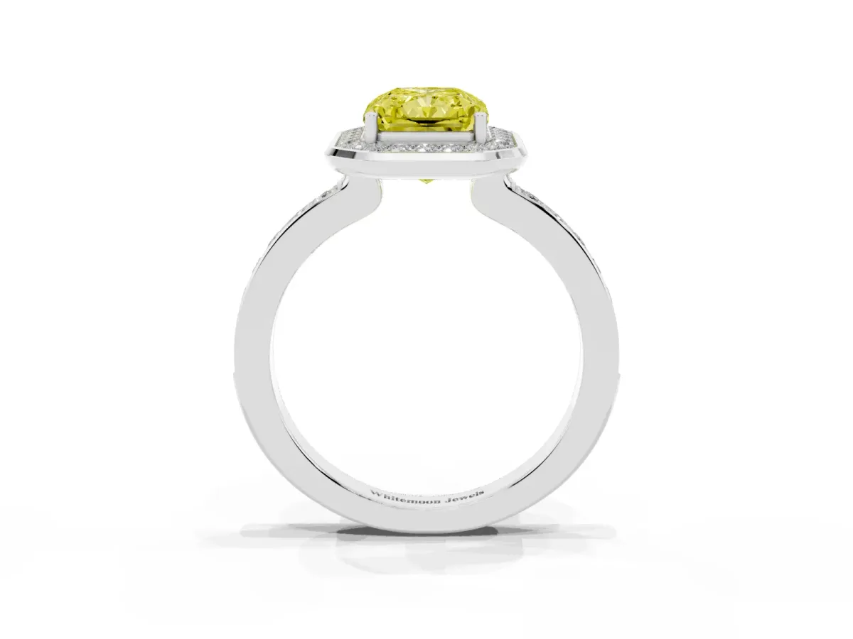 Fancy Yellow Radiant Cut Diamond Halo Ring with Bezel Frame and Pavé Band Silver