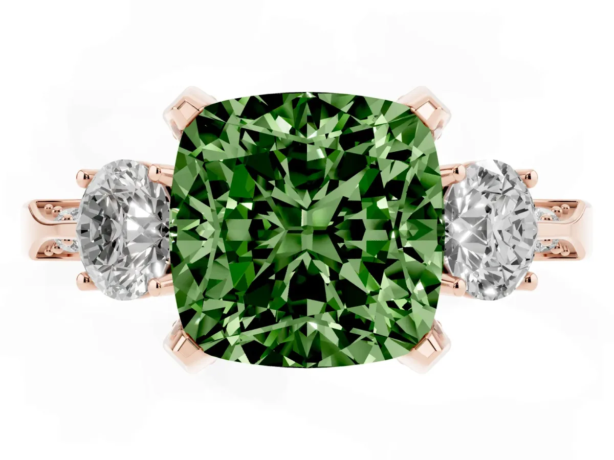Fancy Green Cushion Cut Brilliant Three-Stone Diamond Ring with Pavé Band and Four-Prong Setting Rose gold