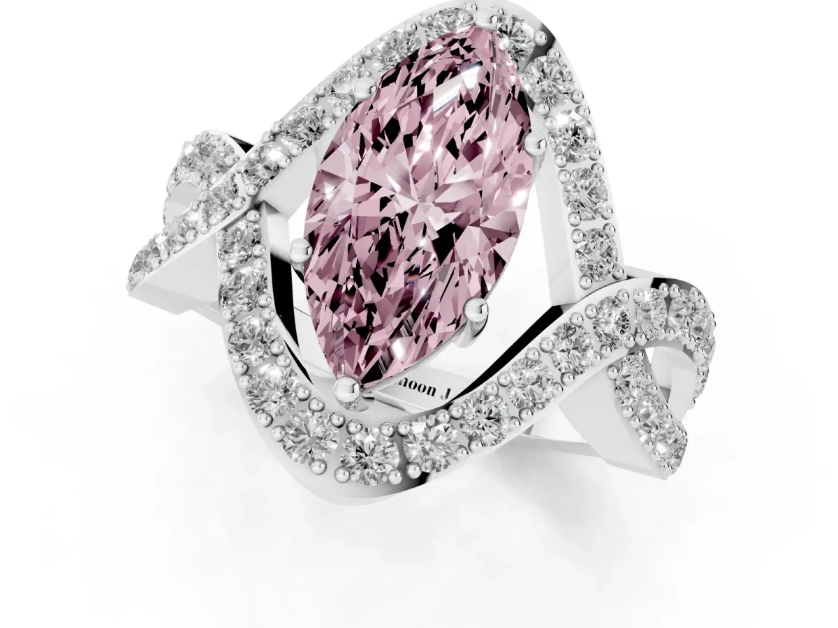 Fancy Pink Marquise Cut Solitaire Twist Band Pavé Diamond Engagement Ring Silver
