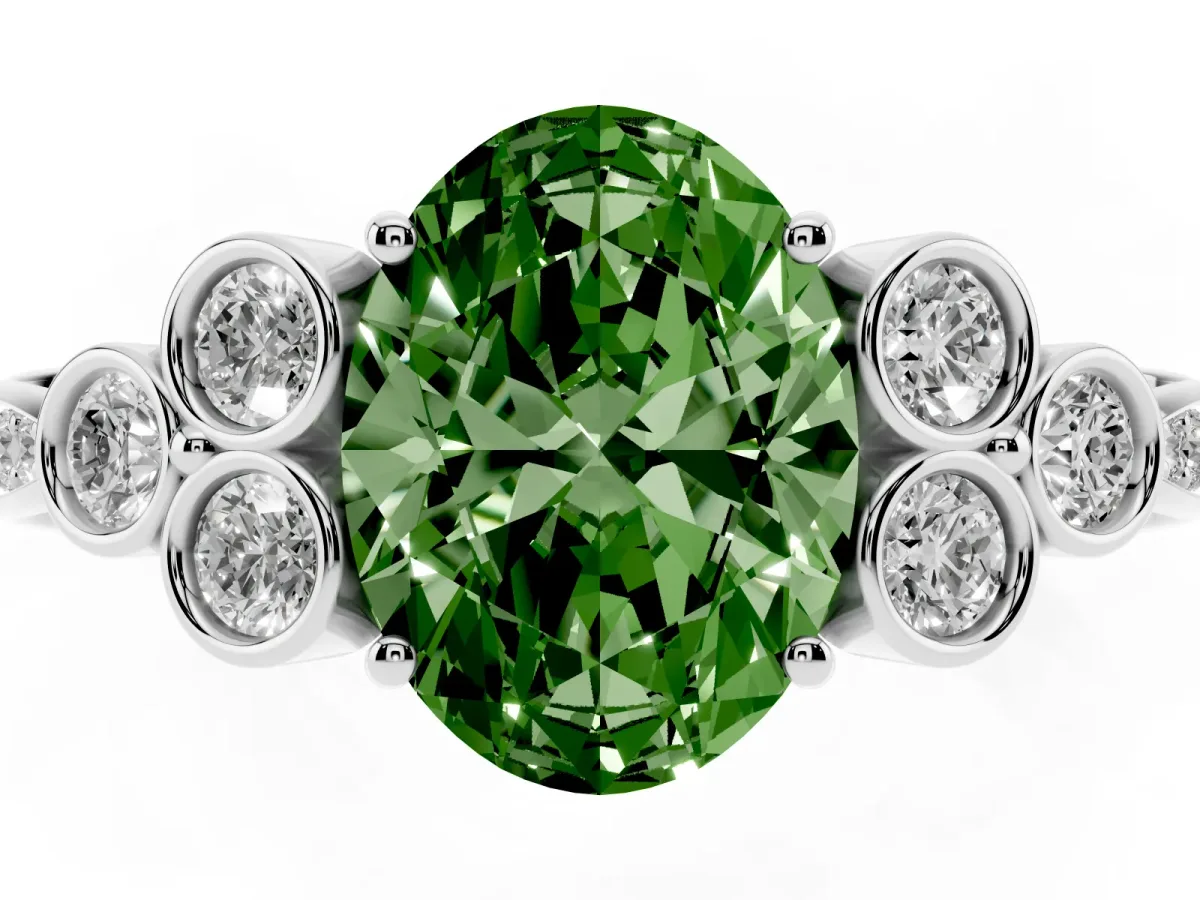 Fancy Green Oval Cut Cut Diamond Engagement Ring with Bezel Set Round Side Stones and Prong Setting Silver