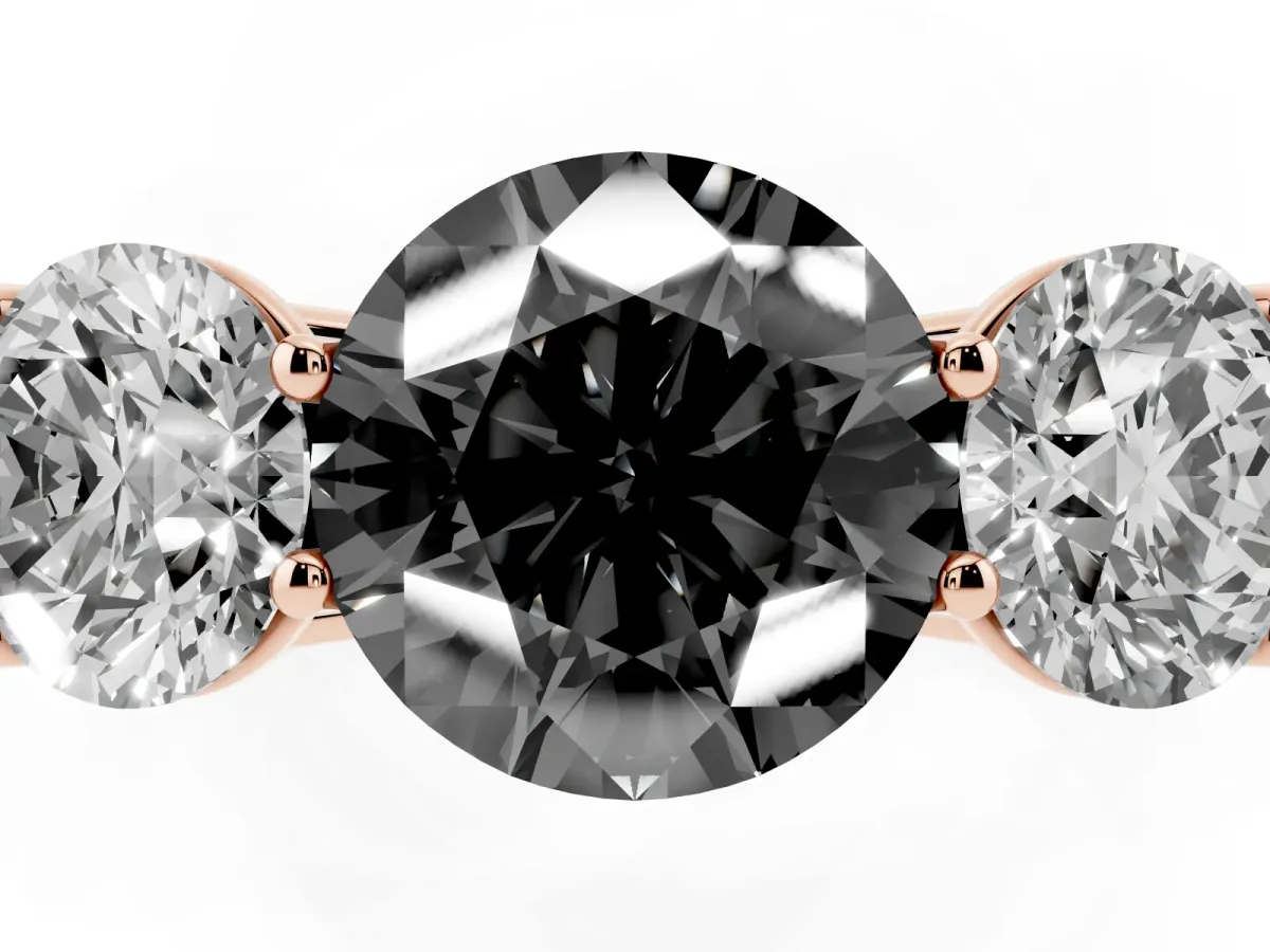 Fancy Black Round Cut Three-Stone Diamond Ring with Prong Setting on a Classic Band Rose gold