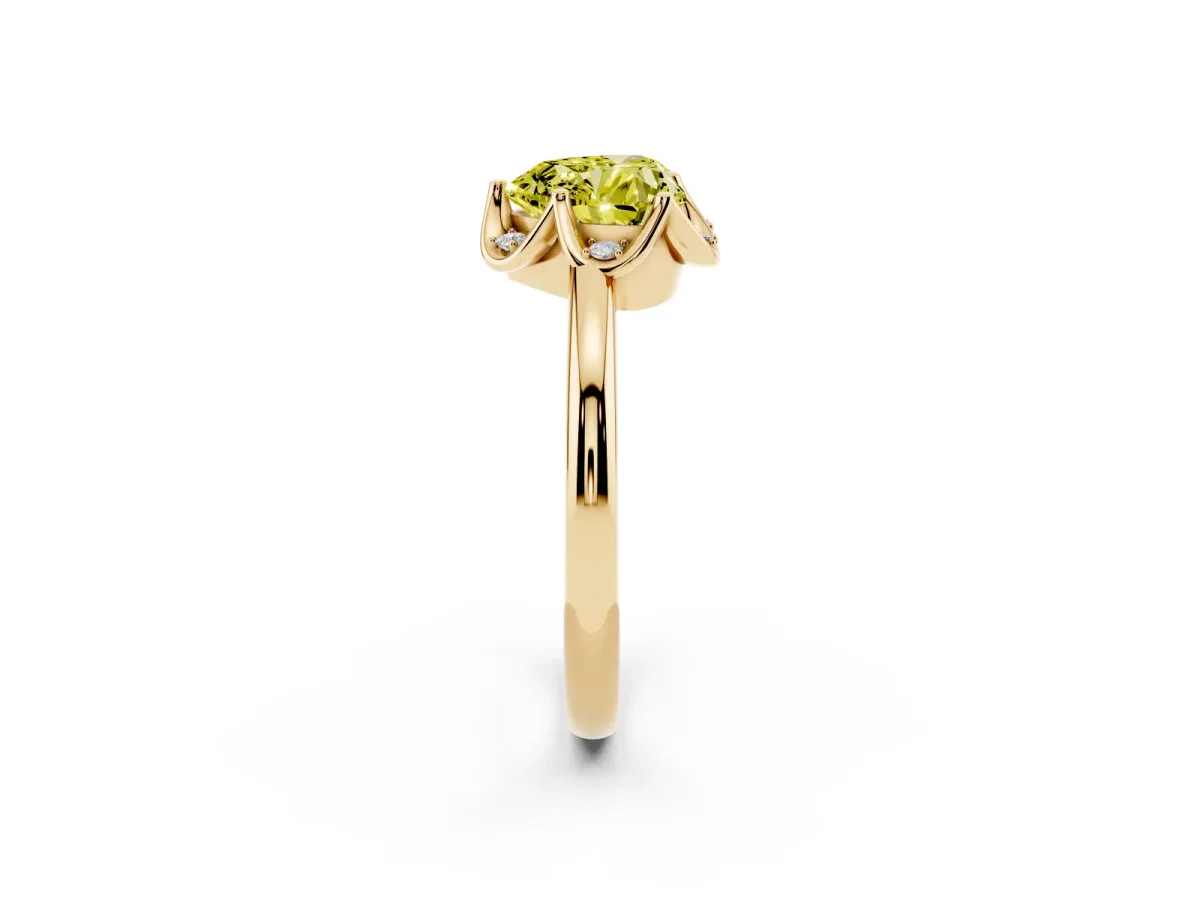 Fancy Yellow Heart Cut Halo Diamond Ring with Round Cluster Setting, Solitaire Band, and Four-Prong Setting Yellow gold