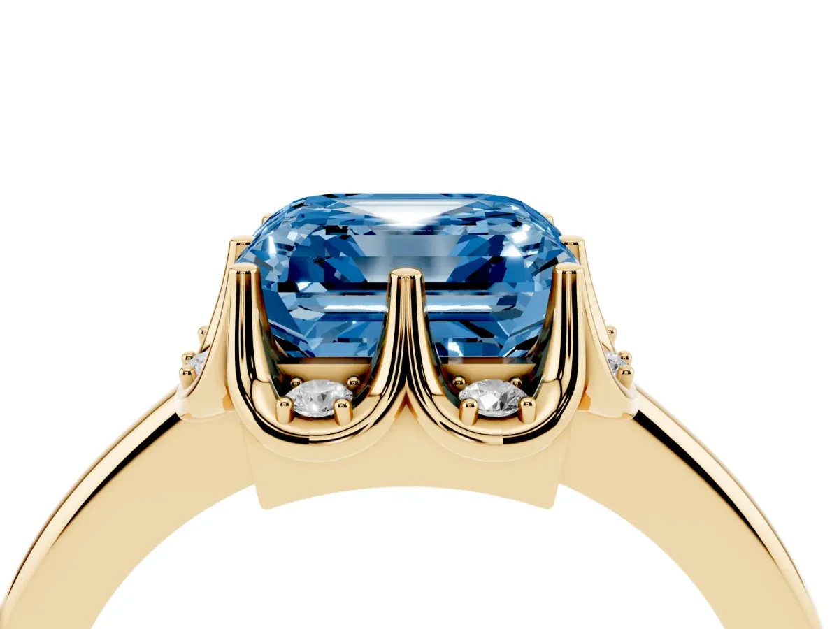 Fancy Blue Asscher Cut Halo Diamond Ring with Round Cluster Setting, Solitaire Band, and Four-Prong Setting Yellow gold