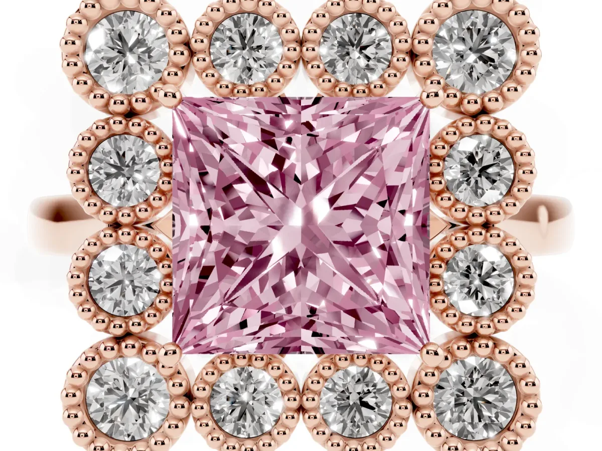 Fancy Pink Princess Cut Halo Diamond Cluster Engagement Ring with Milgrain Bezel Setting and Solitaire Band Rose gold