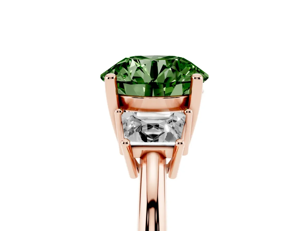 Fancy Green Round Cut Diamond Three-Stone Ring with Trapezoid Side Stones and Prong Setting Rose gold