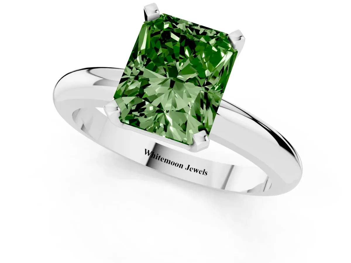 Fancy Green Radiant Cut Diamond Solitaire Engagement Ring with Round Band and Four-Prong Setting Silver
