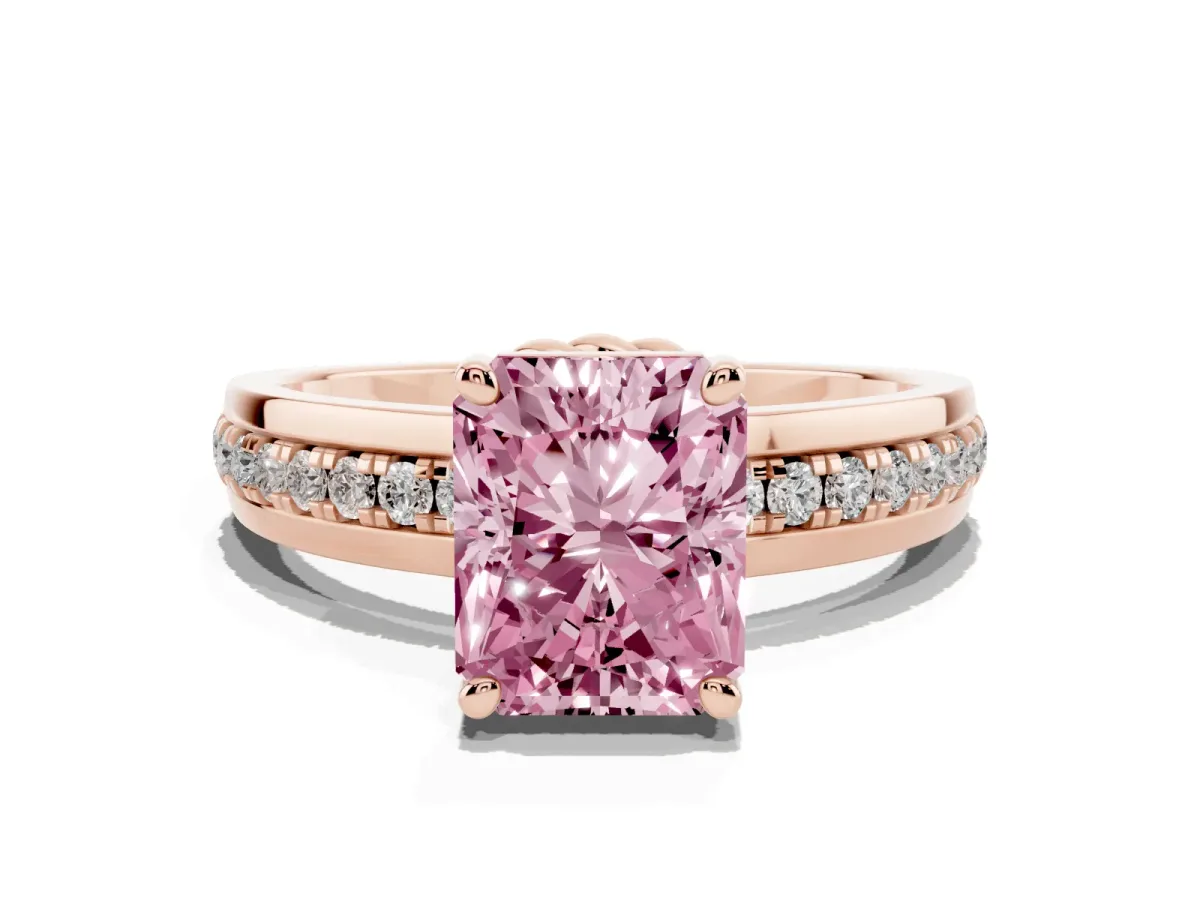 Fancy Pink Radiant Cut Solitaire Diamond Ring with Channel Set Band and Six-Prong Setting Rose gold