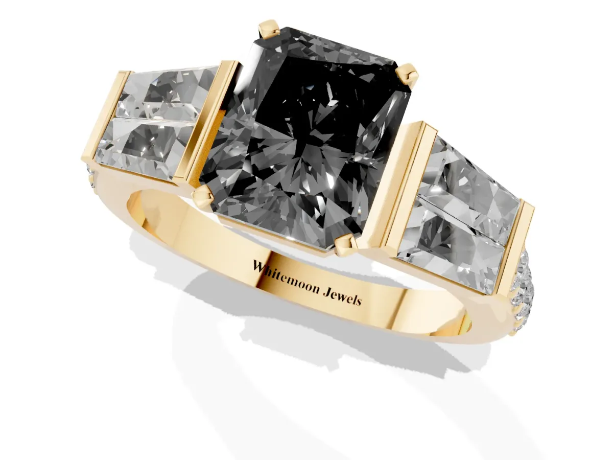 Fancy Black Radiant Cut Diamond Engagement Ring with Baguette Side Stones and Channel Set Band Yellow gold