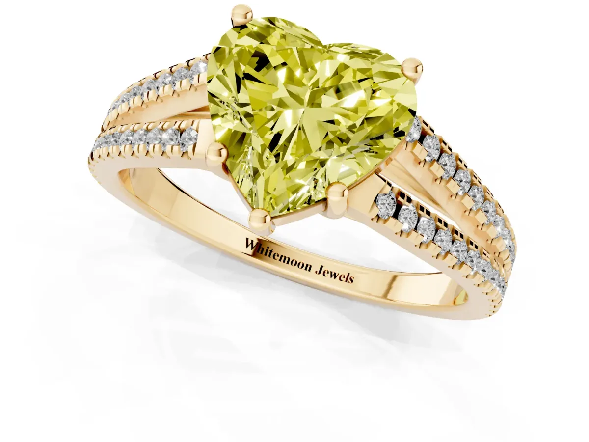 Fancy Yellow Heart Cut Diamond Solitaire Engagement Ring with Split Shank Pavé Band Yellow gold