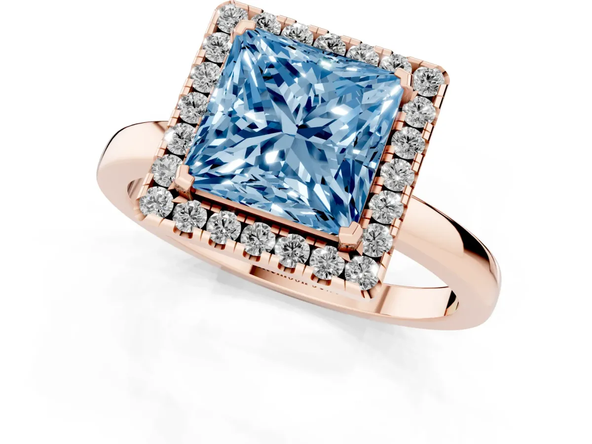 Fancy Blue Princess Cut Halo Diamond Solitaire with Pavé Band and Four-Prong Setting Rose gold