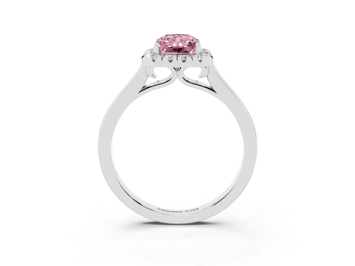 Fancy Pink Radiant Cut Halo Round Diamond Solitaire Ring with Pavé Band and Four-Prong Setting Silver