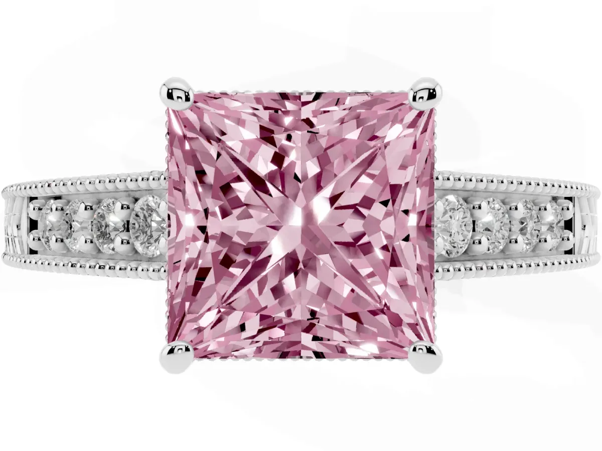 Fancy Pink Princess Cut Solitaire Pavé Diamond Milgrain Engagement Ring with Four-Prong Setting Silver