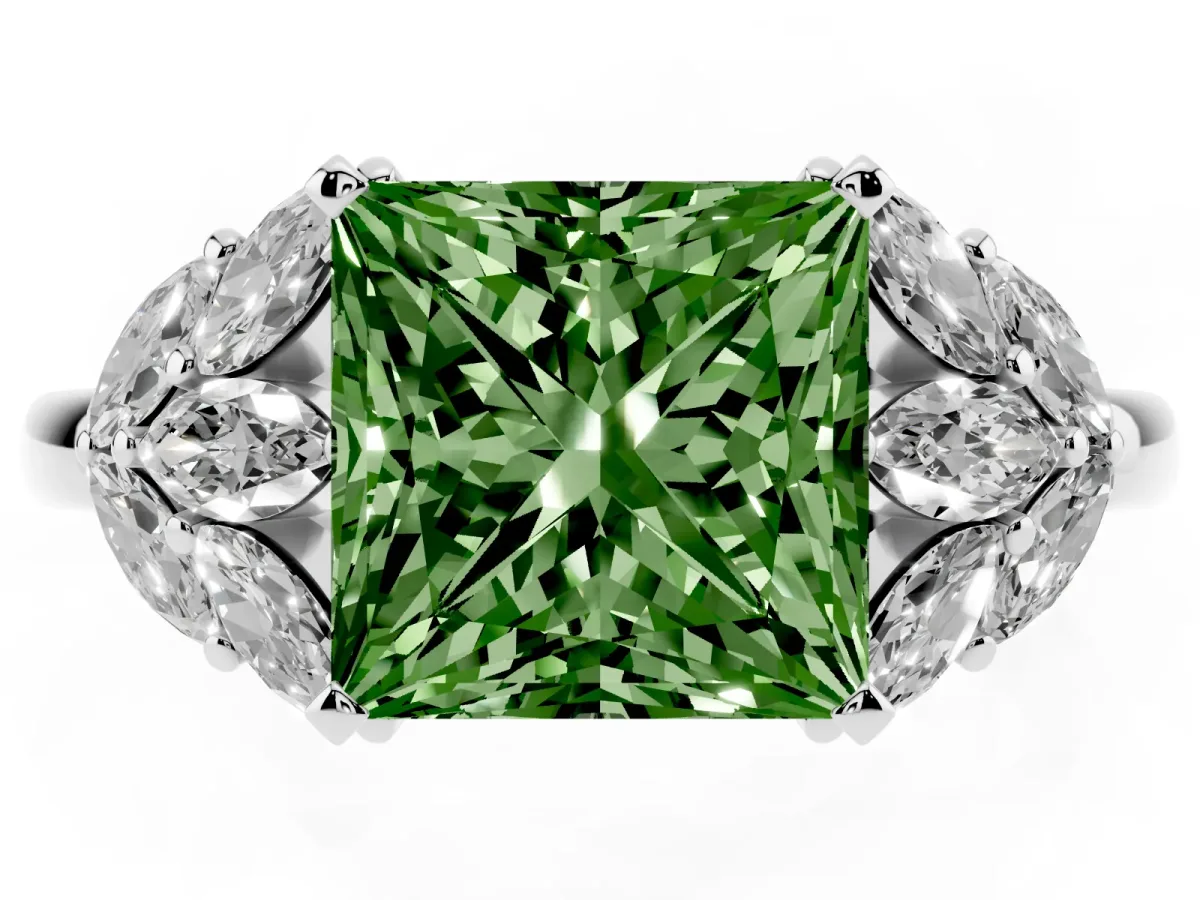 Fancy Green Princess Cut Diamond Cluster Leaf Design Ring with Prong Setting White gold