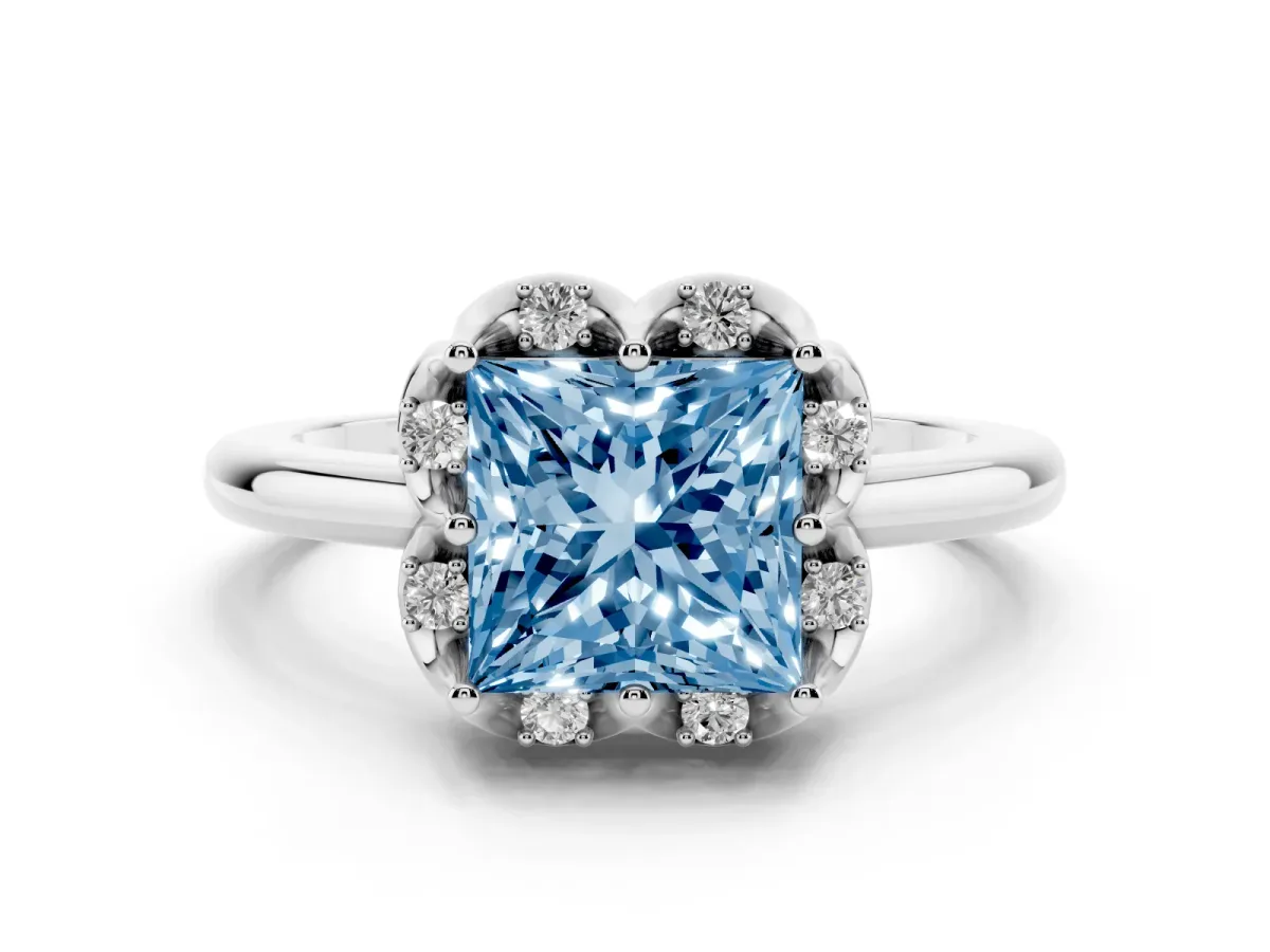 Fancy Blue Princess Cut Halo Diamond Ring with Round Cluster Setting, Solitaire Band, and Four-Prong Setting Silver