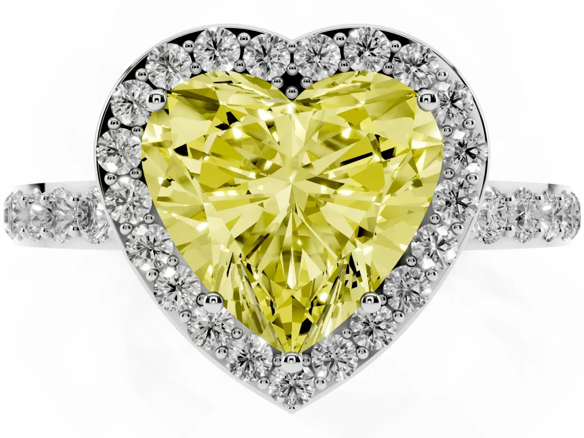 Fancy Yellow Heart Cut Halo Diamond Pavé Band Ring with Prong Setting Silver