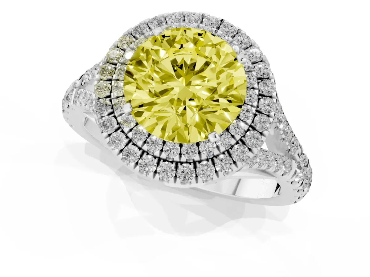 Fancy Yellow Round Cut Cut Double Halo Split Shank Diamond Ring with Prong Setting Silver