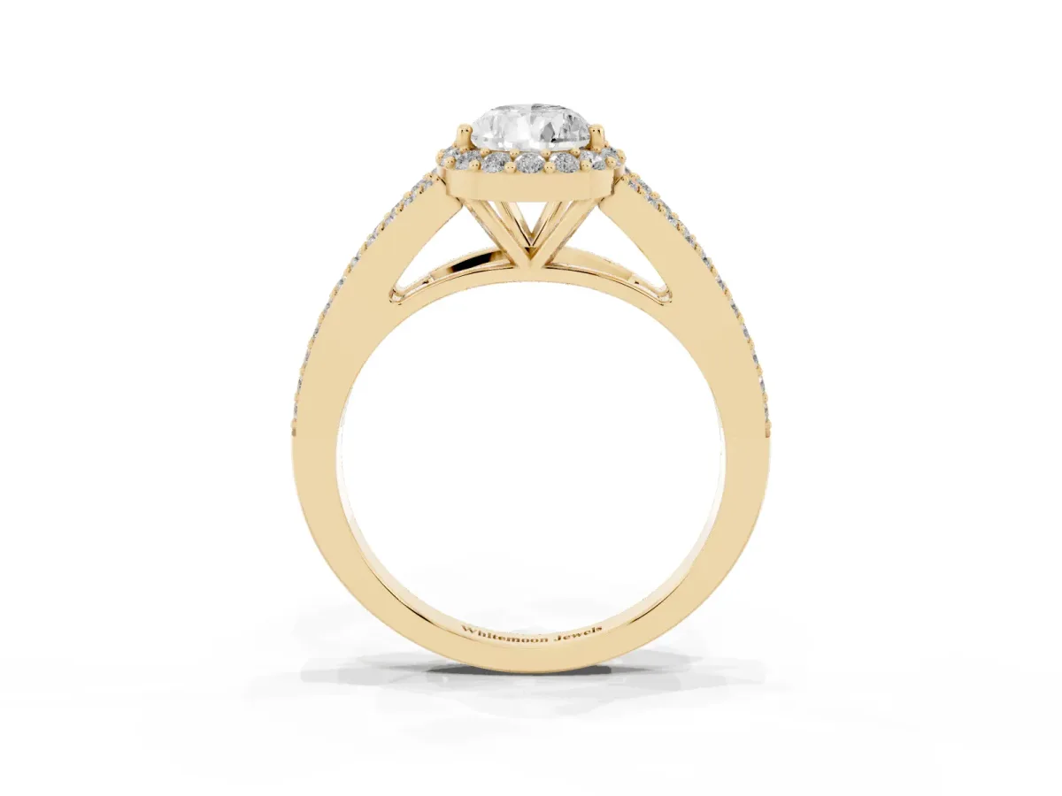 Pear Cut Halo Split Shank Pave Diamond Ring with Four-Prong Setting Yellow gold