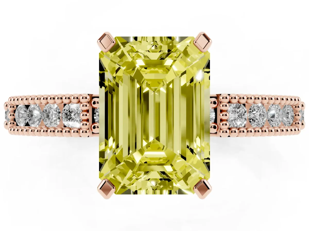 Fancy Yellow Emerald Cut Solitaire with Pavé Band and Four-Prong Setting Rose gold