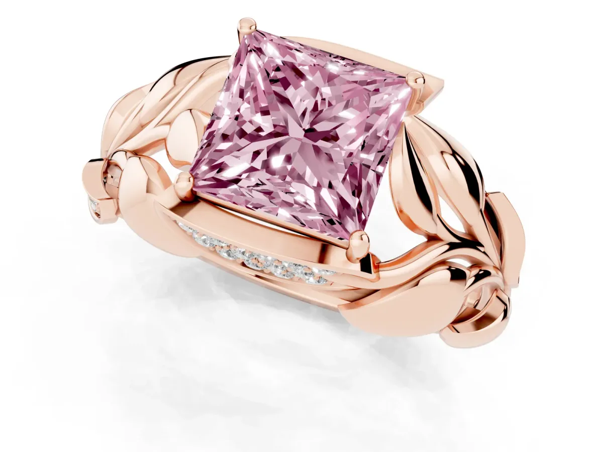 Fancy Pink Princess Cut Diamond Leaf-Inspired Engagement Ring with Round Accents and Prong Setting Rose gold